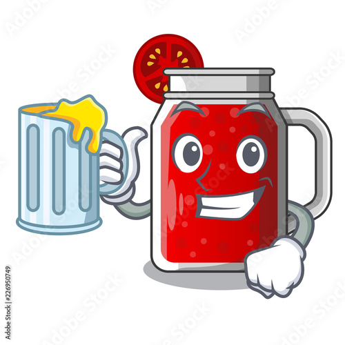 With juice tasty tomato juice on cartoon table