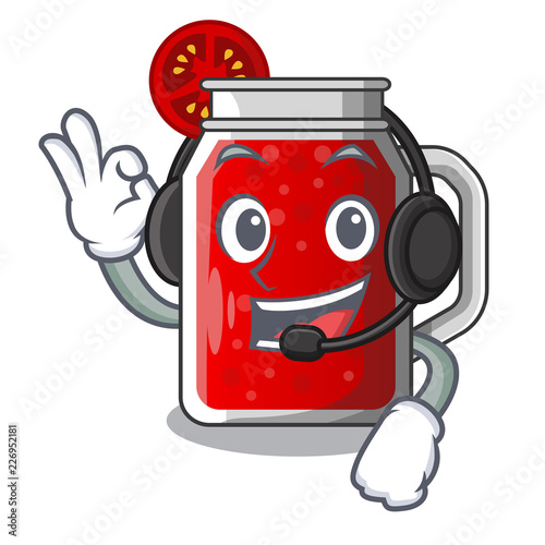 With headphone fresh tomato juice isolated on mascot