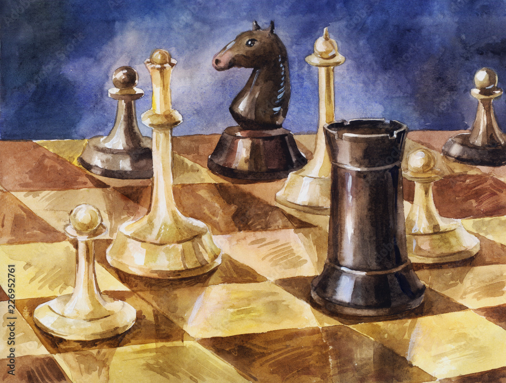 Wooden chess on the board. Hand drawn watercolor vintage background or illustration of intellectual game Wooden chess on the board. Hand drawn watercolor vintage background or illustration of intellectual game