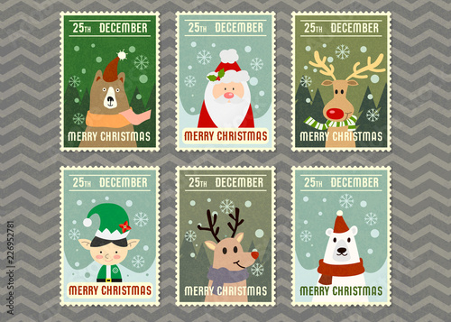 Merry Christmas and vector greeting card with cartoon character .