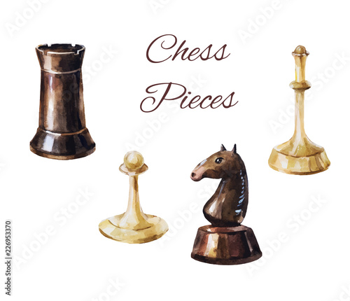 Chess pieces on white background. Vintage game elements