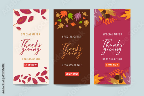 Thanksgiving calligraphy with colorful leaves. Seasonal lettering. Web banner template. Vector illustration.