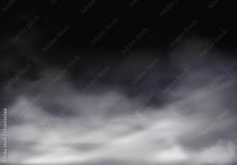 Plakat Wektorowa 3d realistyczna ilustracja mgła, szara mgła lub dym papierosowy. Półprzezroczysty smog na przezroczystym tle. Specjalny efekt pary, szary spray chemiczny.
