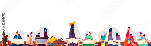 College students sitting on bench vector illustration. Top view of school or university campus girls and boys holding bags, laptops or smartphones and reading books on white background