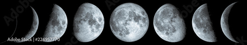 Fazy Księżyca: woskujący półksiężyc, pierwsza kwadra, woskujący garbnik, pełnia księżyca, zanikający garb, trzecia czarter, słabnący półksiężyc i nowiu księżyc. Elementy tego obrazu dostarczone przez NASA.
