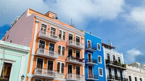 Time lapse of colorful orange and blue buildings in the street of San Juan, Puerto Rico