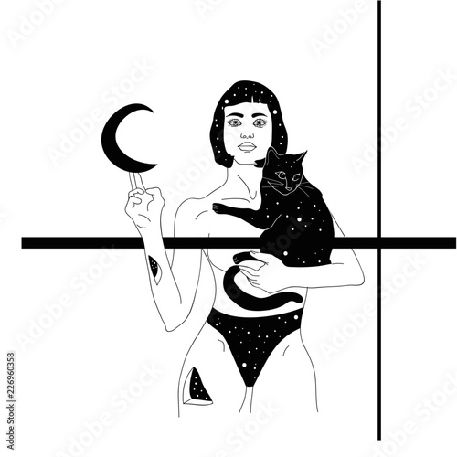 Vector hand drawn illustration of female head with door and stairway. Tattoo artwork. Drawing for card, poster, banner, print for t-shirt.