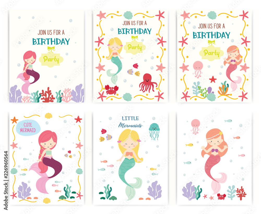 Set of cute mermaid theme birthday party invitation card vector illustration.