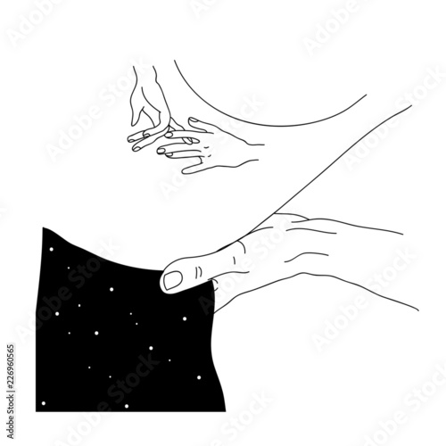 Vector hand drawn surreal illustration of undressing woman with space instead of body . Surreal tattoo artwork with planets . Template for card, poster, banner, print for t-shirt.