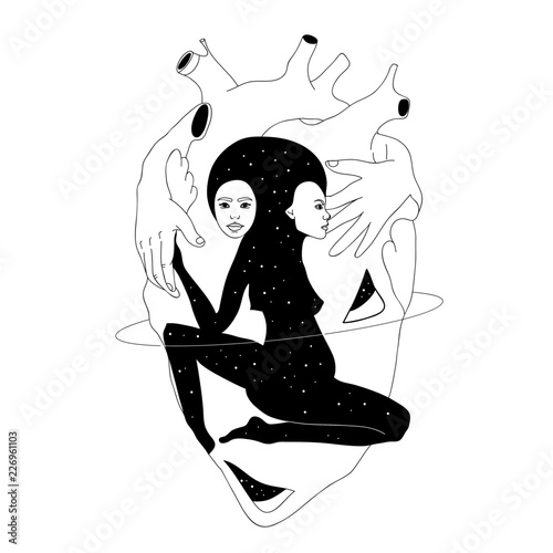 Vector hand drawn illustration of female head with door and stairway. Tattoo artwork. Drawing for card, poster, banner, print for t-shirt.