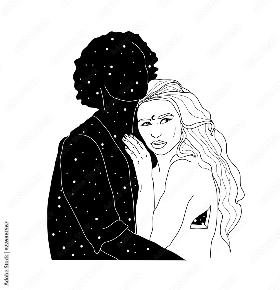 Beautiful artwork of young couple kissing. Outer space on their ,  tattoo art, spirituality, poster, T-shirt print, romantic love, character   vector illustration. Stock Vector | Adobe Stock