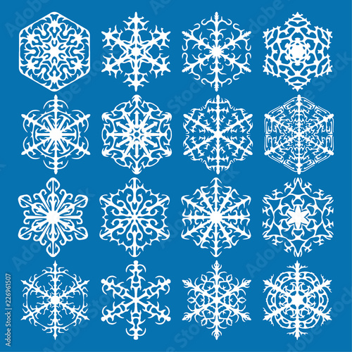 Snowflake vector icon background set blue color. Winter white christmas snow flake crystal element. Weather illustration ice collection. Xmas frost flat isolated silhouette symbol