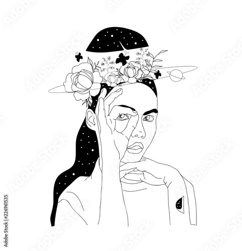 Quote typographical background about space. Vector hand drawn illustration of surreal cosmic girl. Template for card, poster, banner, print for t-shirt.