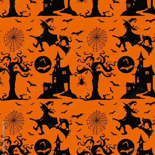 Scary halloween silhouette background with haunted house, old tree, Bats, Cobwed and a a witch flying on a broomstick