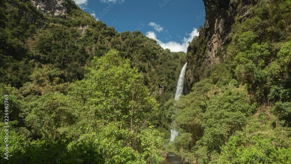 Condor Machay Waterfall in a lush cloudforest valley, the Rio Pita Valley, near Cotopaxi Volcano, Ecuador. Time-lapse. Condor Machay Waterfall in a lush cloudforest valley, the Rio Pita Valley, near Cotopaxi Volcano, Ecuador. Time-lapse.