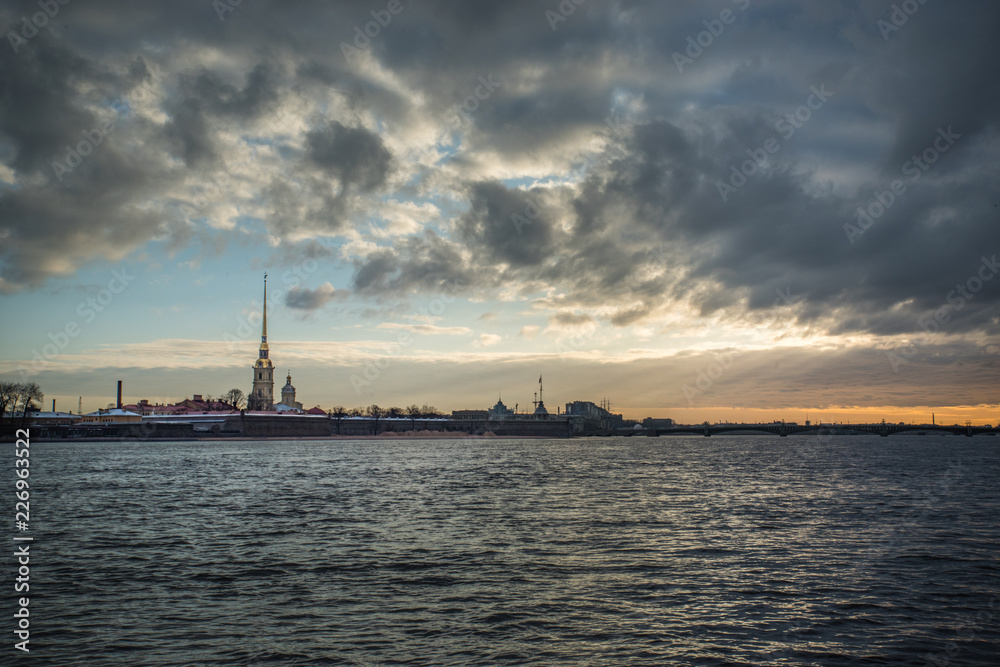 Sunrise over the Neva river. Peter-Pavel's Fortress. Saint Petersburg.