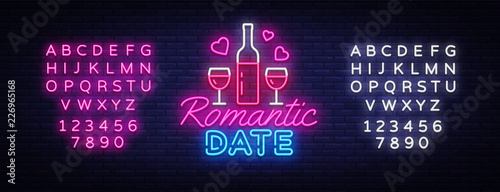 Romantic Date neon sign vector design template. Romantic dinner neon logo, light banner design element colorful modern design trend, night bright advertising. Vector. Editing text neon sign