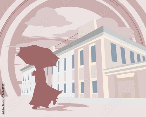 Woman in evening dress with umbrella. Lady walking in city