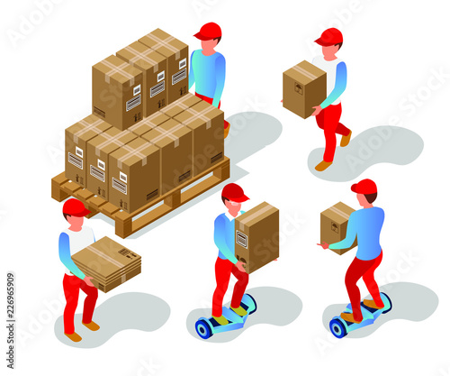 set of movers and couriers on a white background with boxes and packages. Boxes with a load on a palette. Isometric 3d