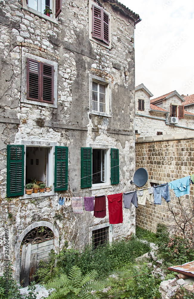 Drying clothes. Montenegro. The Town Of Kotor. Streets of old Kotor. 