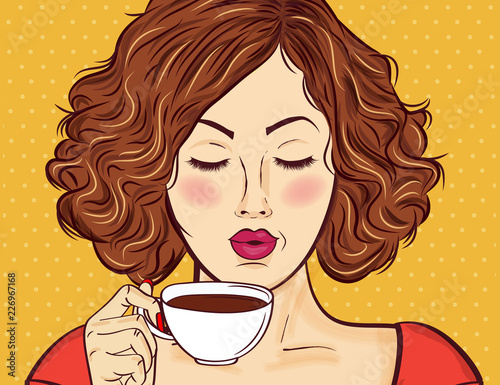 Sexy pop art woman with coffee cup