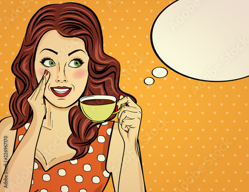 Sexy pop art woman with coffee cup