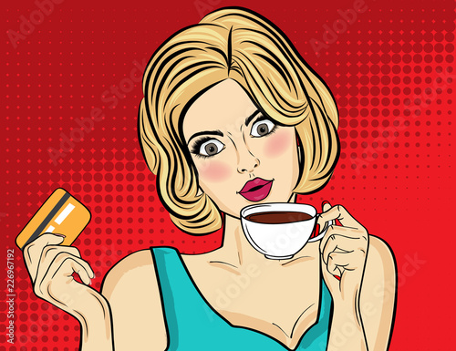 Sexy blonde pop art woman with coffee cup
