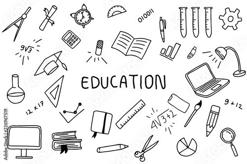 education doodle art with text banner on the middle with black and white color