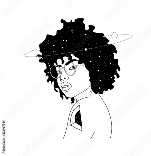 Vector hand drawn surreal illustration of woman with space instead of body . Surreal tattoo artwork . Template for card, poster, banner, print for t-shirt.
