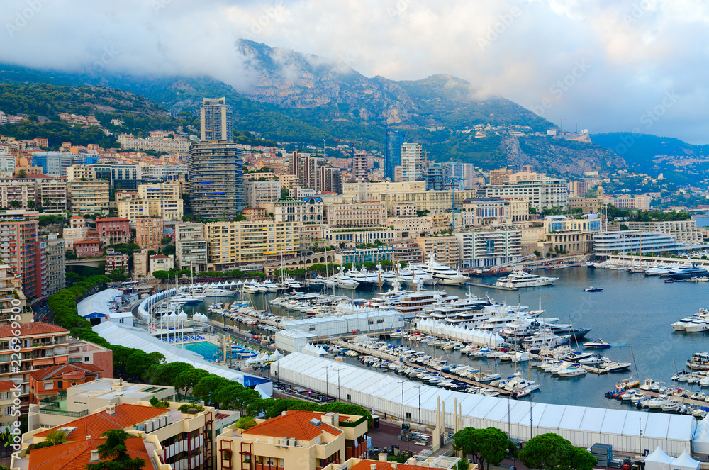 Beautiful evening view of port area of La Condamine and Monte Carlo, Principality of Monaco