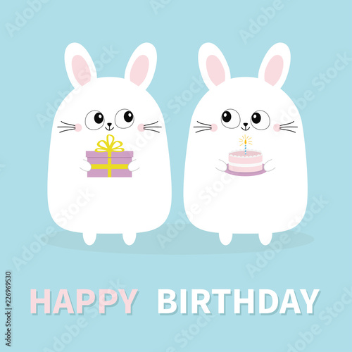 Happy Birthday. White bunny rabbit holding gift box, cake. Funny head face. Big eyes. Cute kawaii cartoon character. Baby greeting card template. Blue background. Flat design.