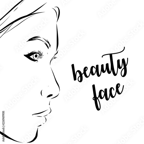 Beautiful woman face with nude makeup hand drawn vector illustration. Stylish original graphics portrait with beautiful young attractive girl model. Fashion, style, beauty. Graphic, sketch drawing