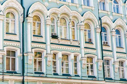 Detail of the facade of a building in Ilyinka street, Moscow, Russia.