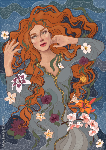 vector beautiful red-haired girl in an old-fashioned dress, waves of the river, water, and flowers