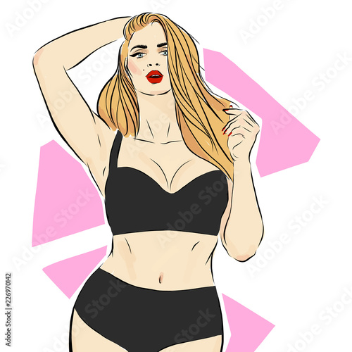 Fashion and beauty illustration. Girl sketch plus size model. Curvy plus size beautiful girl in bikini or swimsuit. Happy body positive concept. Pin up style. For fat acceptance movement, girl power