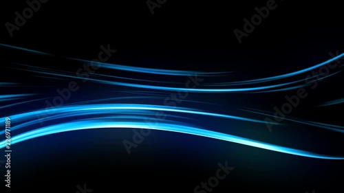 Abstract motion background, shining blue wave on black background, seamless loop.