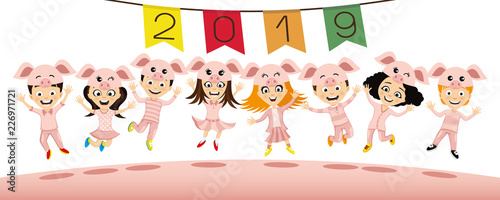 Children in costume piglets jumping to have fun in the new 2019 year.