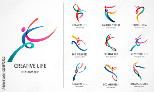 Abstract people logo design. Gym, fitness, running trainer vector colorful logo. Active Fitness, sport, dance web icon and symbol photo
