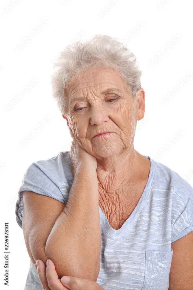Depressed elderly woman on white background Depressed elderly woman on white background