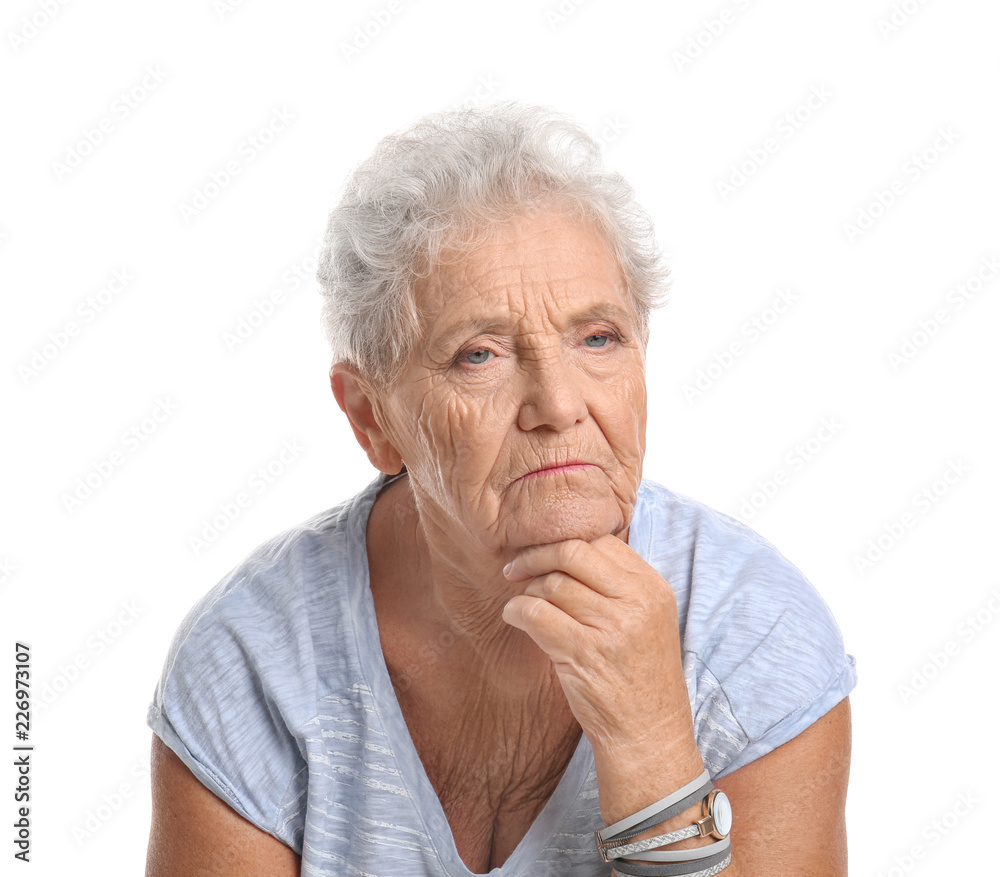 Depressed elderly woman on white background Depressed elderly woman on white background