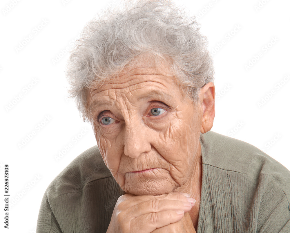 Depressed elderly woman on white background Depressed elderly woman on white background