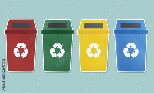 Set of trash bins with recycle symbol