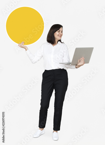 Happy woman carrying a notebook and holding a board