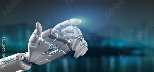 Cyborg robot hand on a city background 3d rendering photo