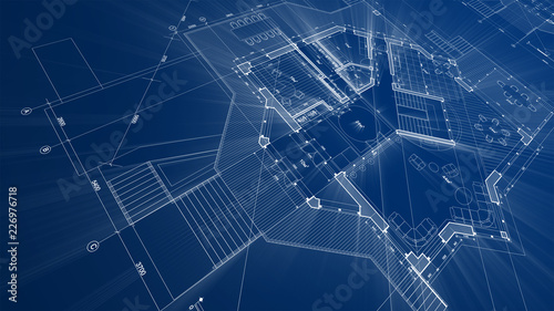 Architecture design: blueprint plan - illustration of a plan modern residential building / technology, industry, business concept illustration: real estate, building, construction, architecture
