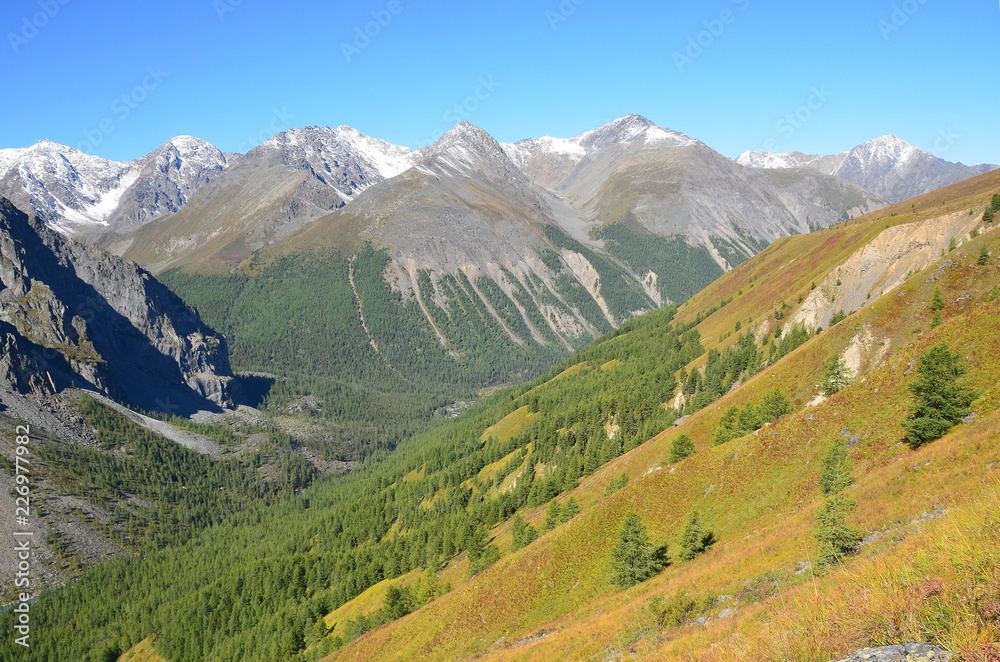 Russia, Altai Republic, mountain peaks of the North-Chuya ridge in sunny weather in summer