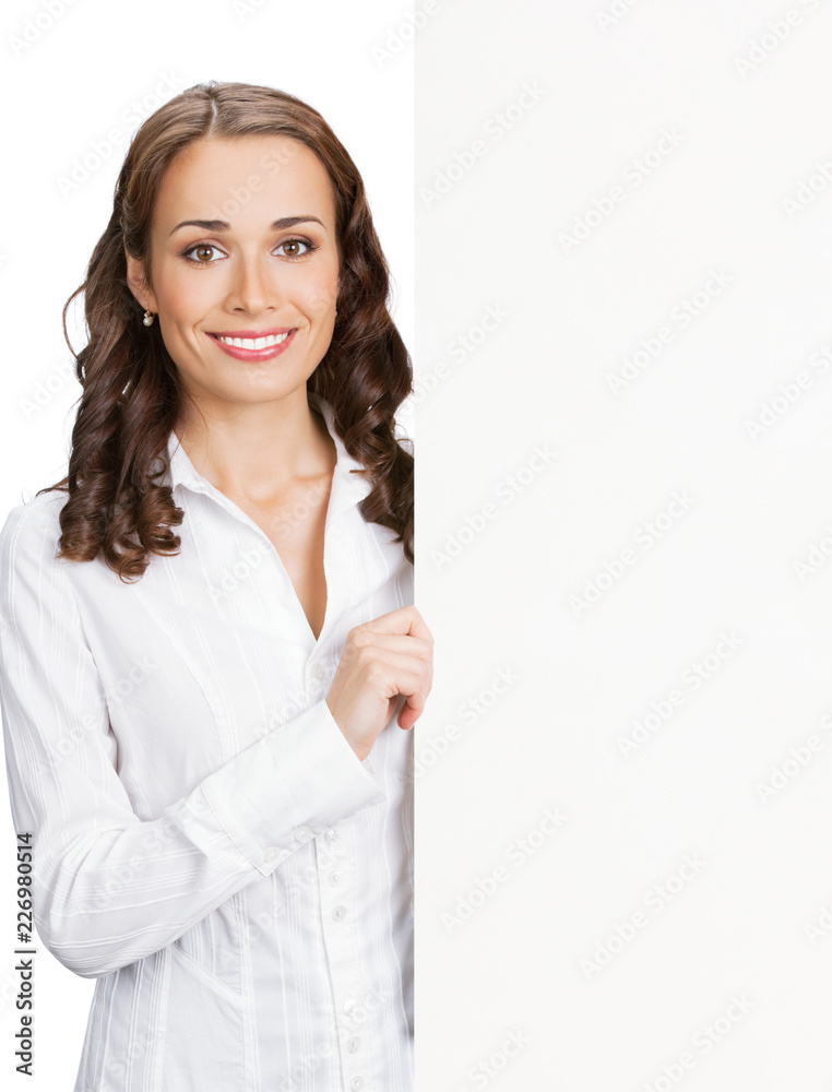 Businesswoman showing blank signboard, on white Businesswoman showing blank signboard, on white