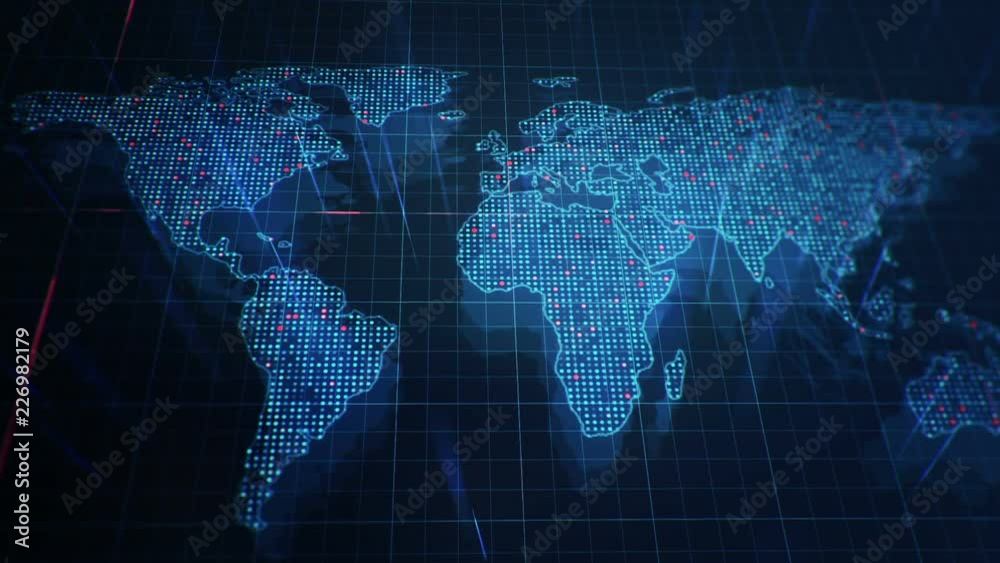Abstract animation of World map in digital screen with colorful dots and lines. Animation of seamless loop.