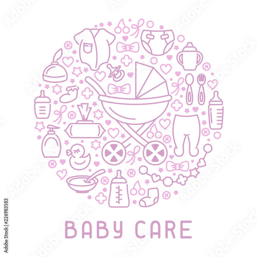 Baby accessories elements card. Linear style vector illustration. Suitable for advertising or web