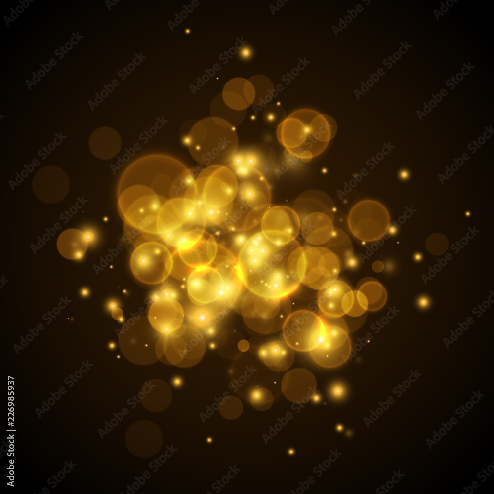 Golden glowing lights effects on black background, abstract magic Illustration. Graphic concept for your design